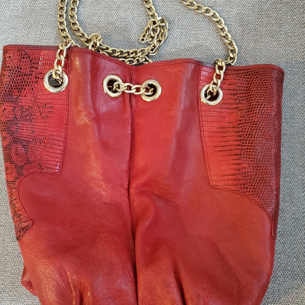 Vintage Red Snake Leather Bullocks Bucket Handbag Wit… Gem